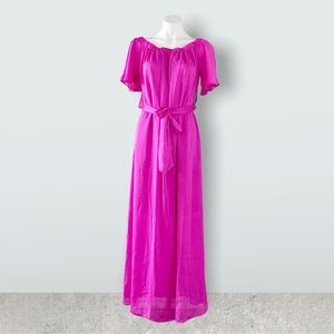 Trina Turk on or off the shoulder belted pink maxi dress with sheer overlay